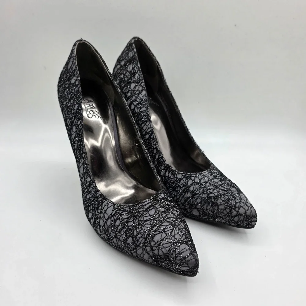 Carlos by Carlos Santana Vintage Black Glitter‎ Mesh Pointed Toe Pumps Heels